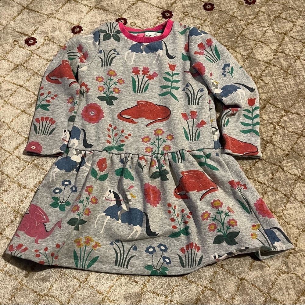Mini Boden Girls Dress Grey Size 7-8 Sweatshirt Knights Dragons